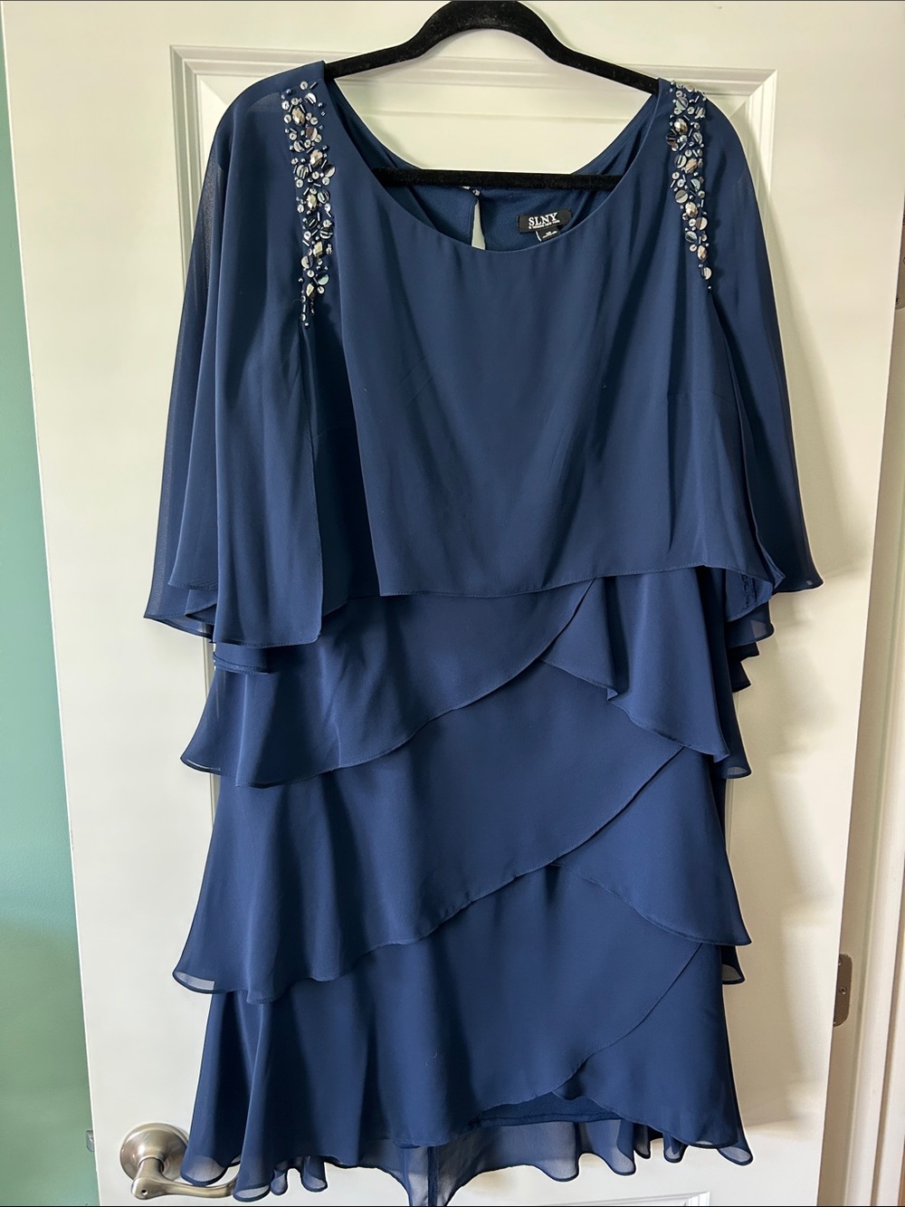 SLNY Navy Layered Chiffon Midi Dress with Shoulder Embellishments